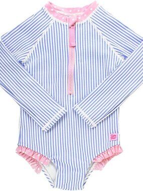 Ruffle Butts Blue Seersucker Girls LS One Piece Rash Guard Swimsuit 4T EUC